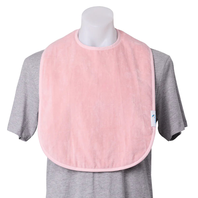 Pale pink Brolly Extra Absorbent Bib for adults, shown on a mannequin, designed for adaptive clothing and moisture protection.