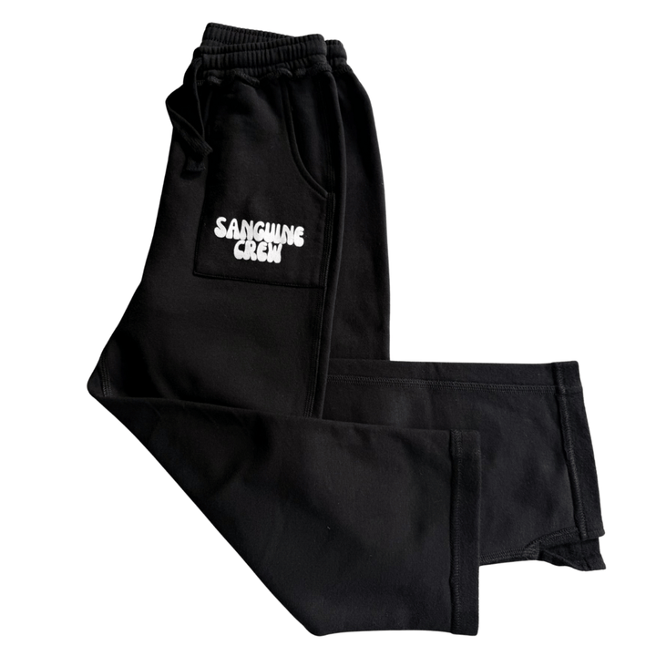 Sanguine Crew kids' track pants in side view showcasing logo design and comfortable fit.