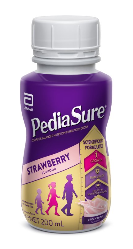 Pediasure strawberry-flavored supplement bottle on a white background