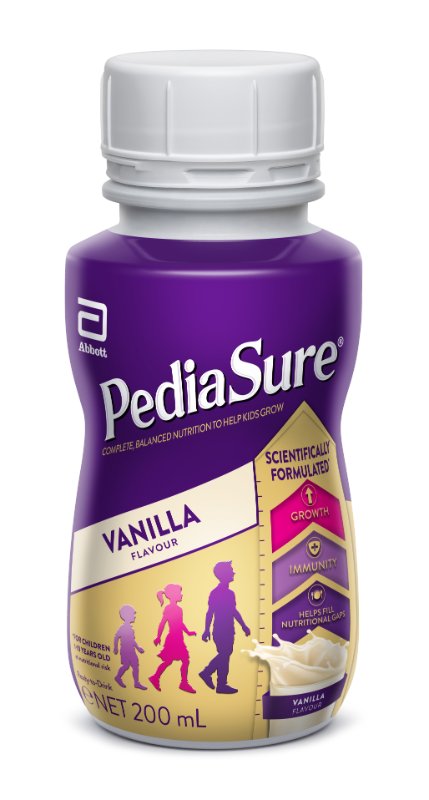 PediaSure Vanilla-flavored supplement bottle on a white background