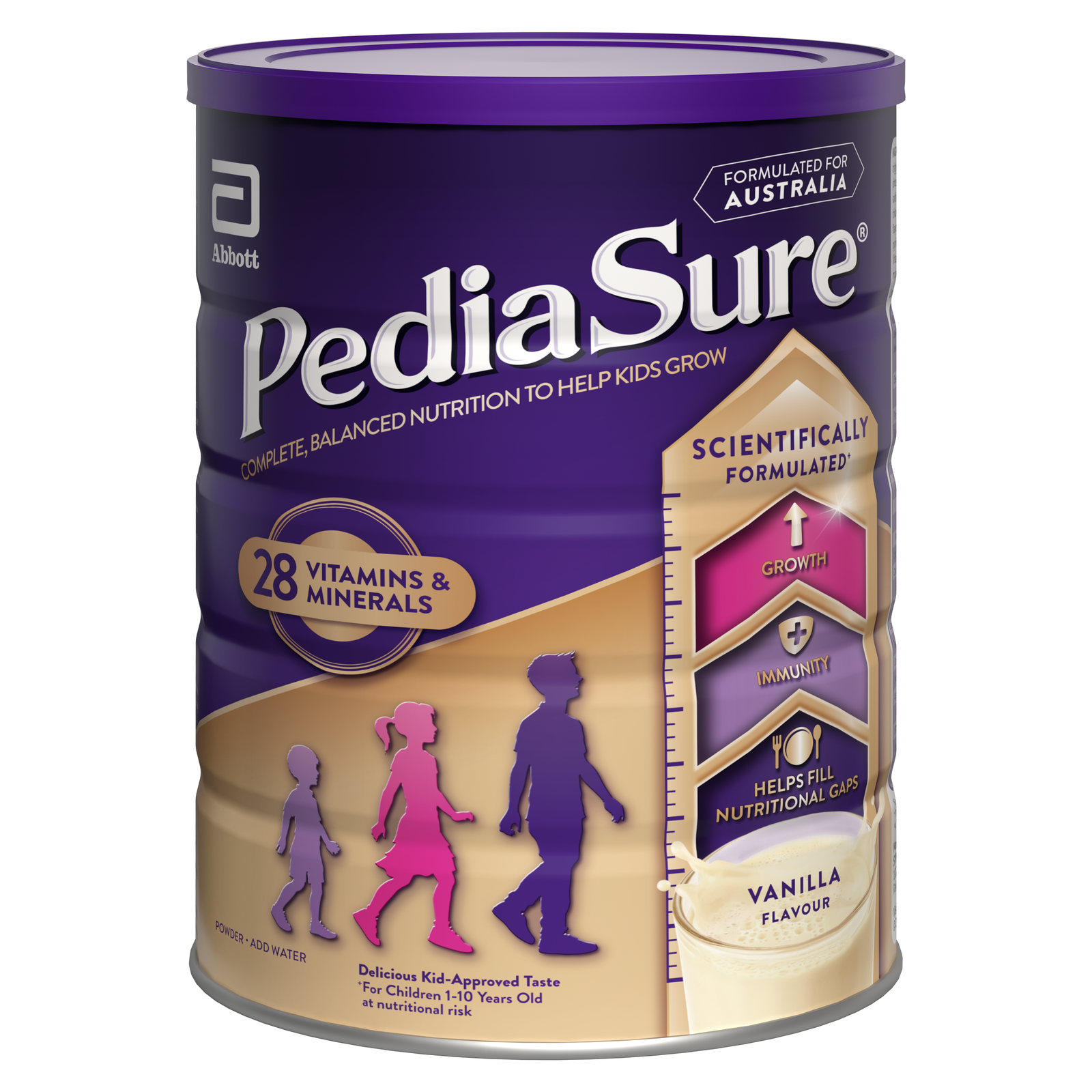 PediaSure container with purple and beige design on a white background