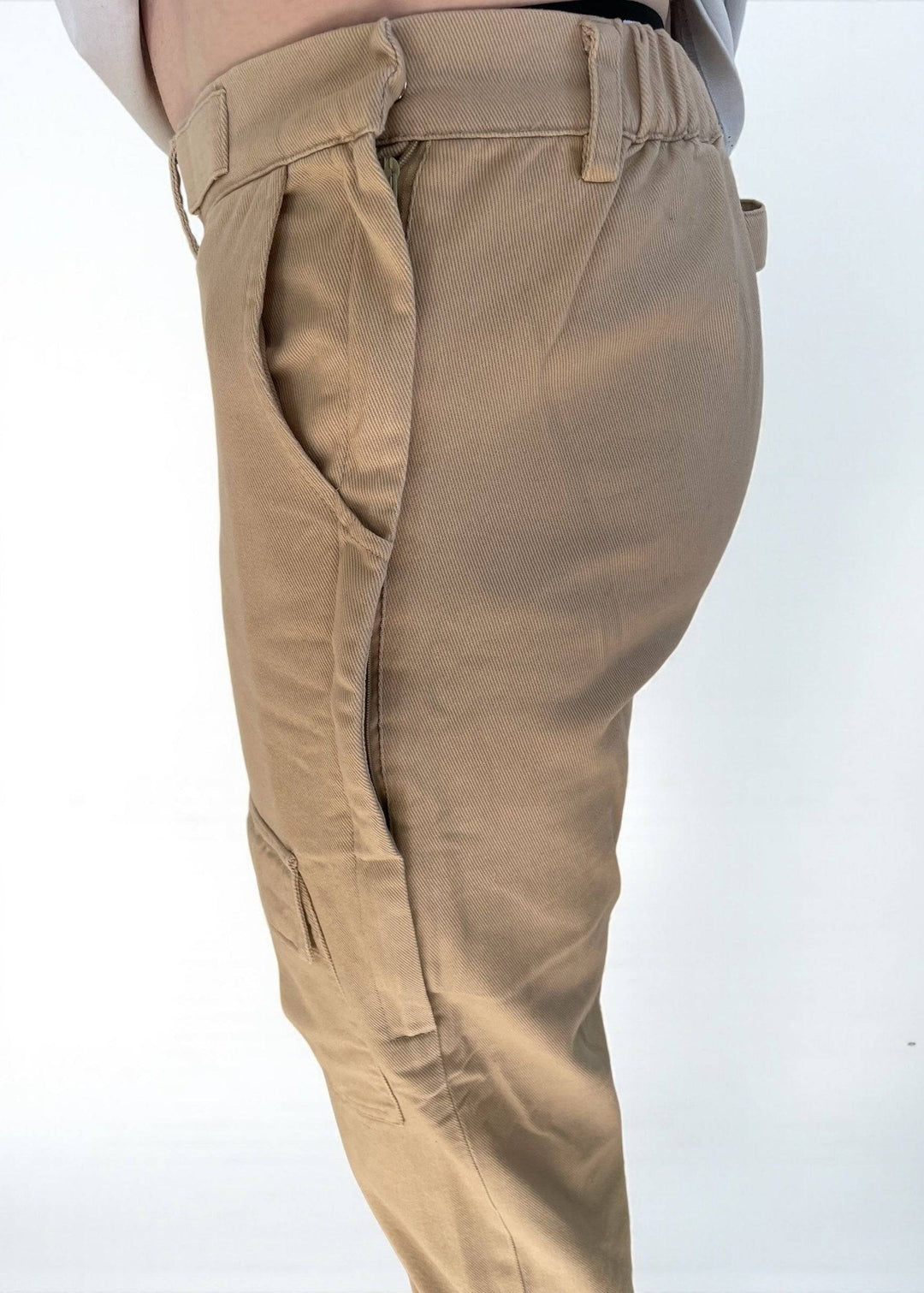 JAM the Label side access cargo pants in a casual style, featuring pockets and a relaxed fit in a neutral color.