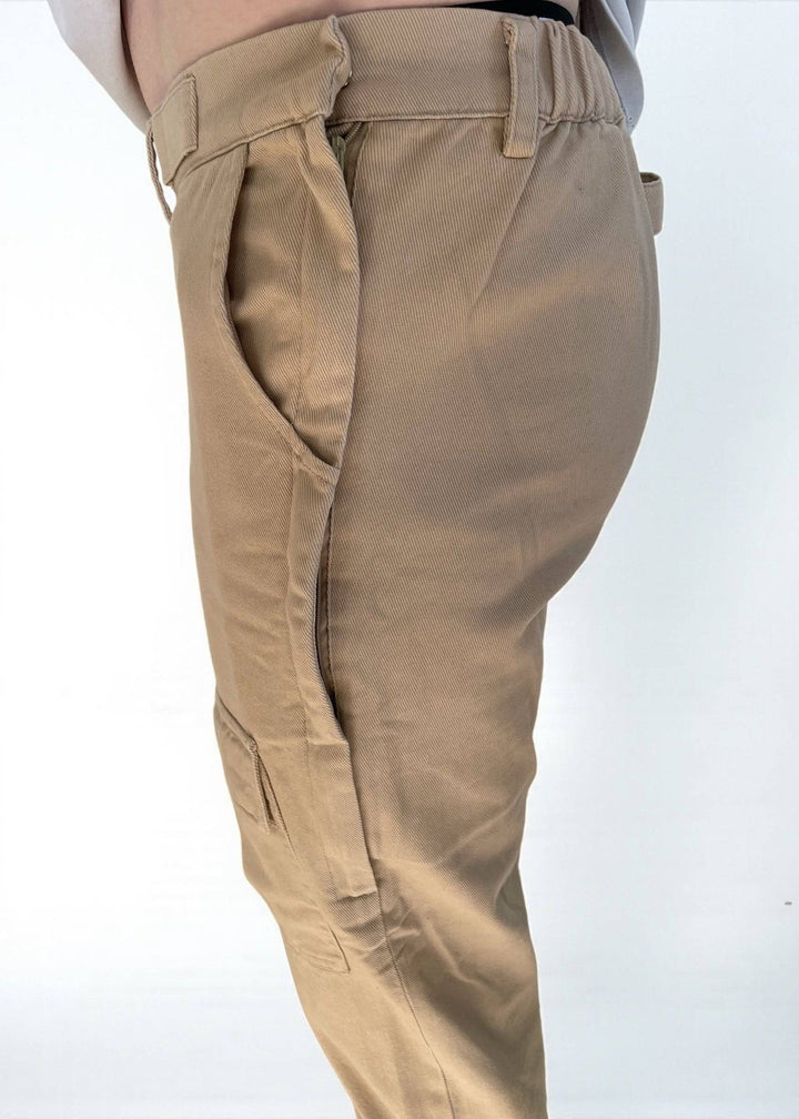 JAM the Label side access cargo pants in a casual style, featuring pockets and a relaxed fit in a neutral color.