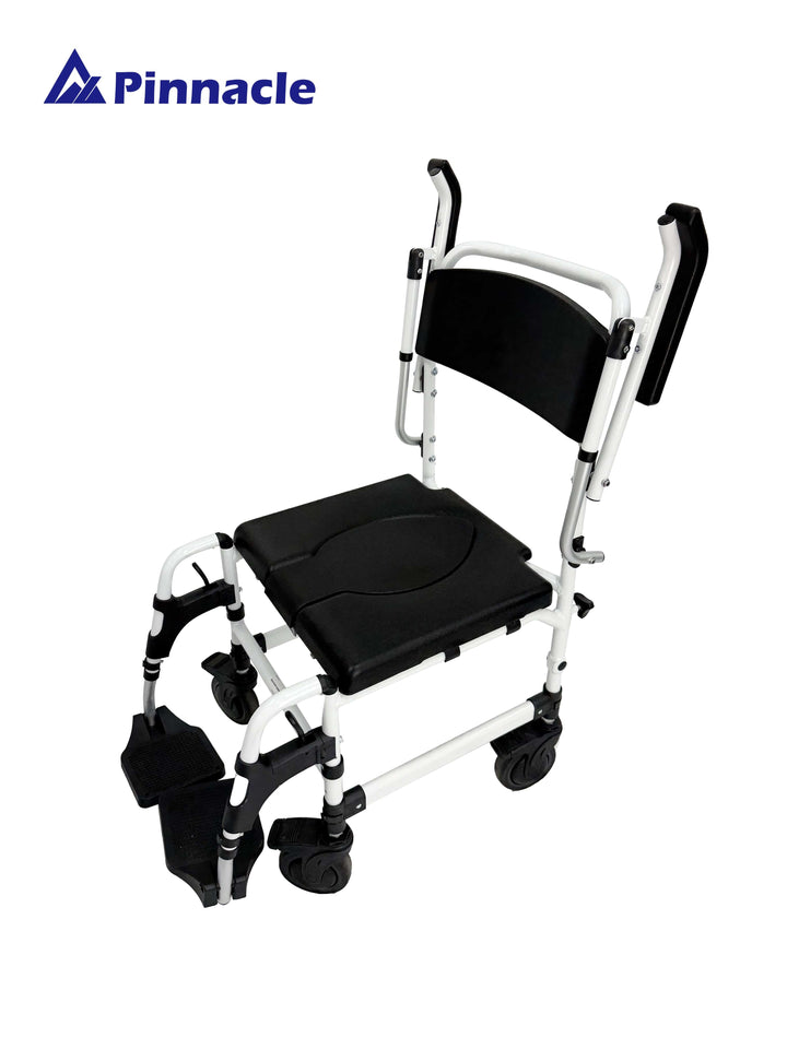 Pinnacle Deluxe Shower Commode, attendant-propelled mobility chair with adjustable features and durable design.
