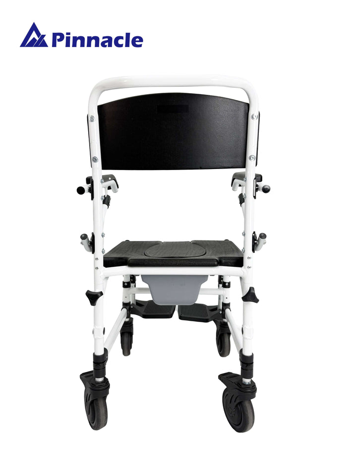 Pinnacle Deluxe Shower Commode, attendant-propelled mobility chair with adjustable features and comfortable seating.