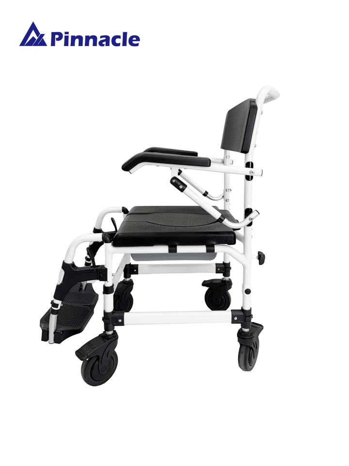 Pinnacle Deluxe Shower Commode, attendant-propelled mobility chair with adjustable features and a hygienic design.