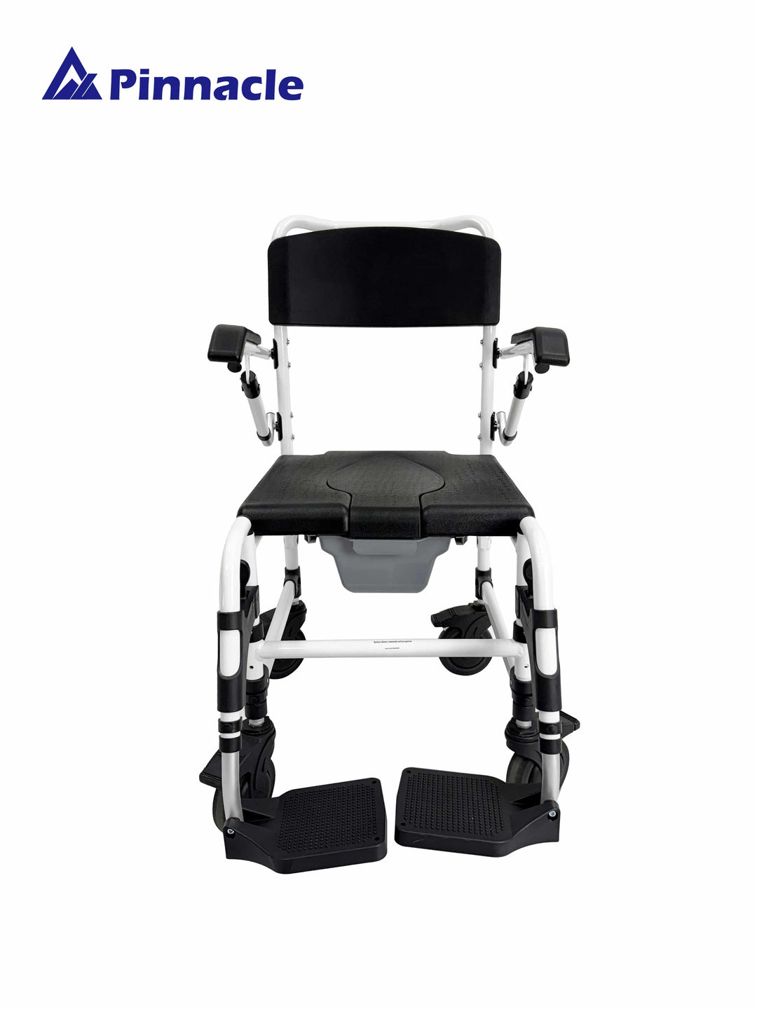Pinnacle Deluxe shower commode with attendant propulsion, featuring adjustable height and comfortable seating for mobility assistance.
