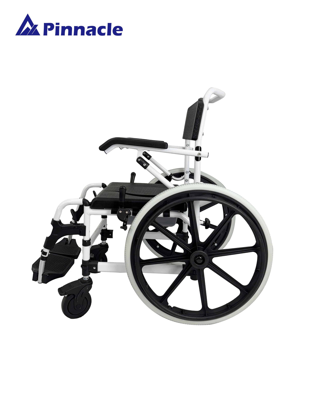 Pinnacle Deluxe Shower Commode by Incare Supports, showing self-propelled mobility chair with adjustable features.