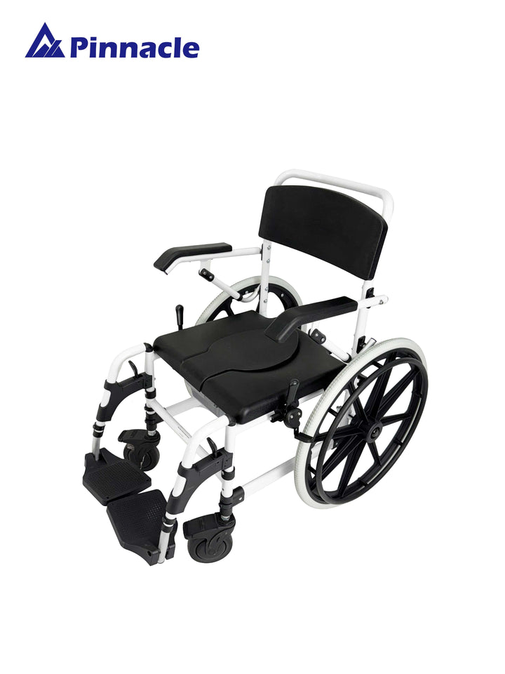 Incare Supports Pinnacle Deluxe Shower Commode with self-propelled wheels and adjustable armrests for mobility assistance.