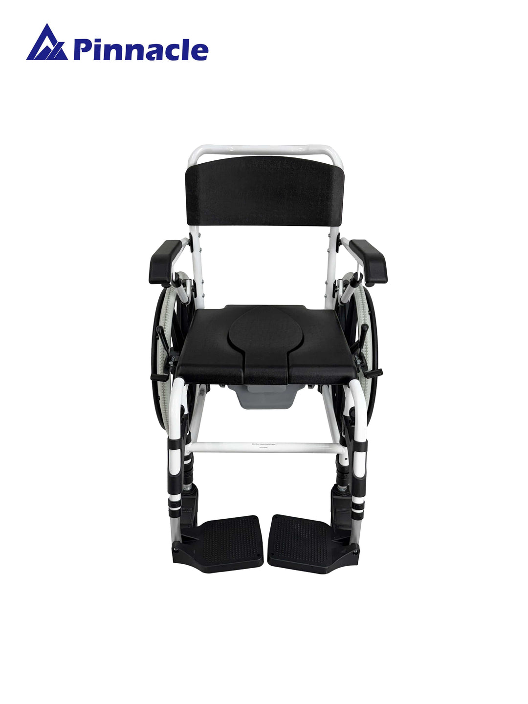 Incare Supports Pinnacle Deluxe self-propelled shower commode with adjustable footrests and durable wheels.