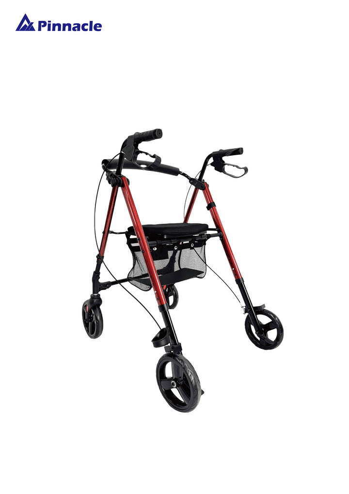 Pinnacle Tri-Stride Rollator in red, featuring a sturdy frame and ergonomic hand grips for mobility support.
