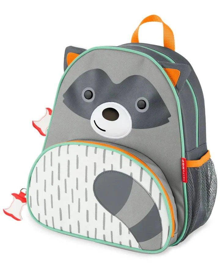 Raccoon illustration on Tubie Fun Modified Backpack for nutrition, featuring playful design and adjustable straps.