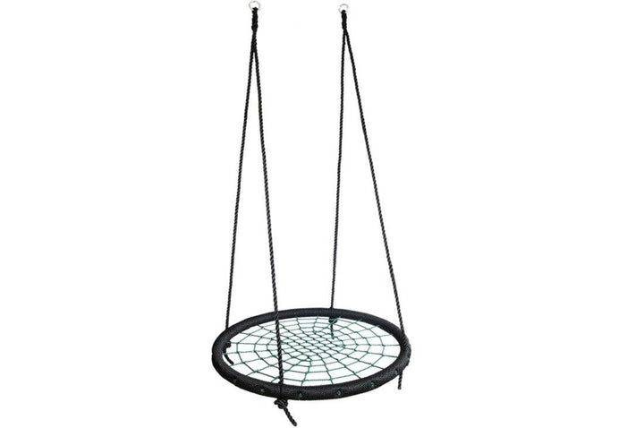 Round black and green nest swing with ropes, designed for sensory play, by Special Needs Play Equipment.