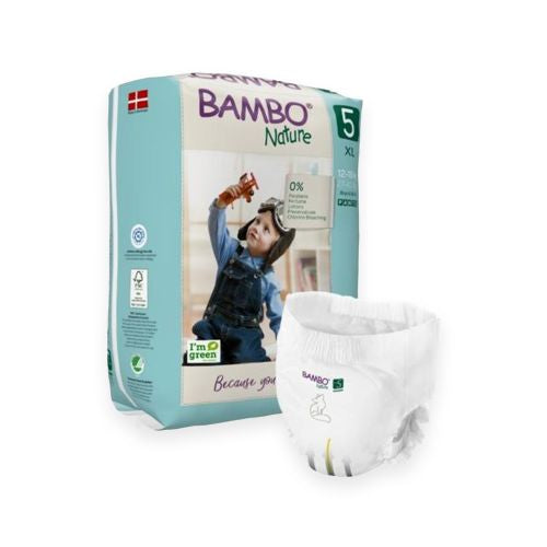 Abena Bambo Nature Nappy Pants Lycra Junior Size 5 for children 11-17kg, showing the soft, elastic waistband and absorbent interior.