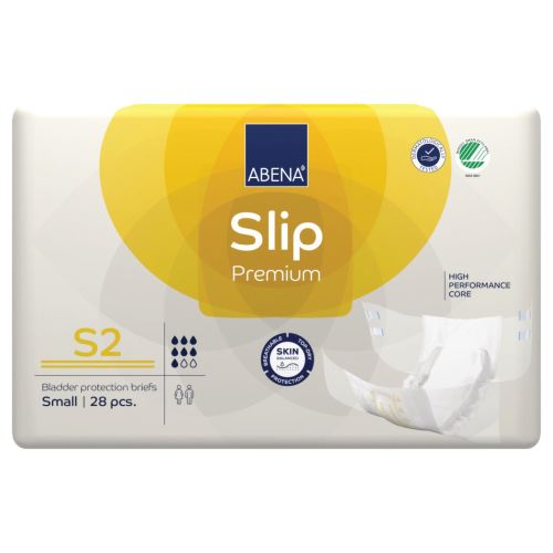 Abena Slip S2 Premium yellow continence pad with 1800 ml capacity, designed for waist sizes 60-85 cm, displayed in the image.