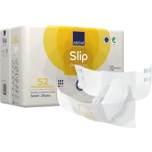 Abena Slip S2 Premium yellow continence pad with 1800 ml capacity, in a size suitable for 60–85 cm waist, shown in the image.
