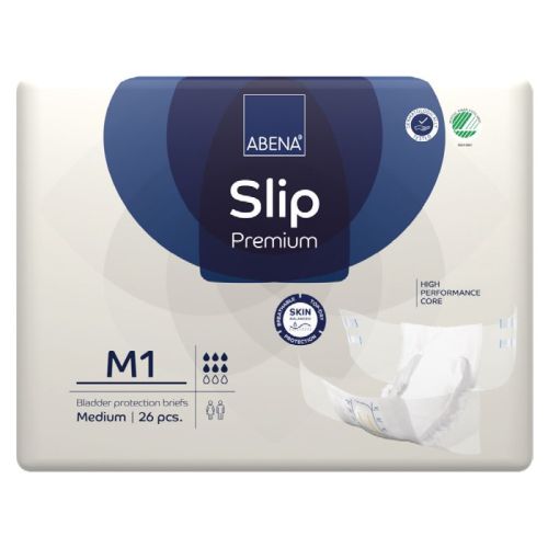 Abena Slip M1 Premium blue incontinence pad with 2000 ml capacity, designed for 70–110 cm waist, shown in blue packaging.