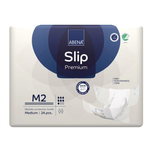 Abena Slip M2 Premium Blue incontinence product with 2600 ml capacity, designed for waist sizes 70-110 cm, in blue packaging.