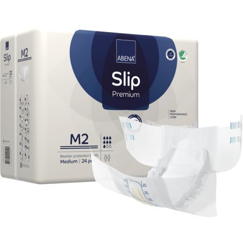Abena Slip M2 Premium Blue incontinence pad showing blue absorbent core and elastic leg cuffs for moderate to heavy bladder control.