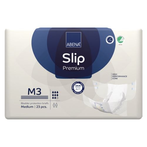 Abena Slip M3 Premium blue incontinence pad with 3100 ml capacity, designed for waist sizes 70-110 cm, showing the product in packaging