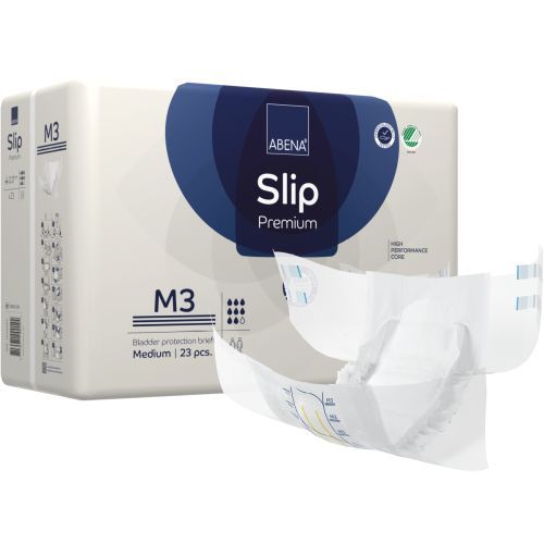 Abena Slip M3 Premium Blue continence pad with 3100 ml absorption, shown in blue, designed for waist sizes 70-110 cm.
