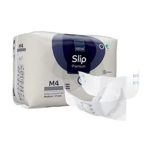 Absorbent Abena Slip M4 Premium in blue, with 3600 ml capacity for moderate to heavy incontinence, shown in a close-up view.