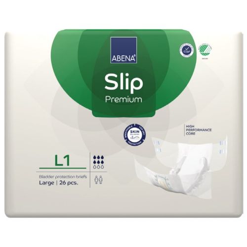 Abena Slip L1 Premium green continence pad with 2500 ml capacity in size 100–150 cm, showing its waterproof outer layer and adjustable fit.