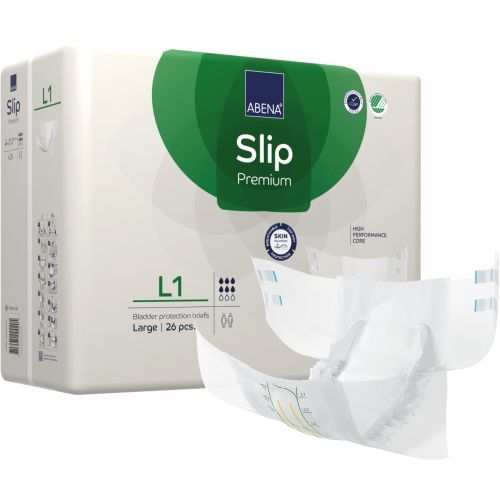 Abena Slip L1 Premium Green continence pad with 2500ml absorbency, suitable for waist sizes 100-150cm, displayed in the image.