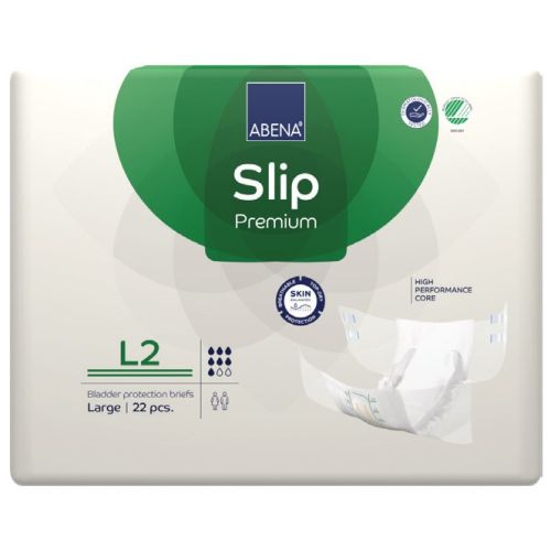 Abena Slip L2 Premium Green incontinence product with 3100 ml absorbency, suitable for waist 100-150 cm, showing the green incontinence pad.