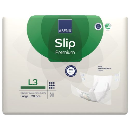 Abena Slip L3 Premium green incontinence pad with 3400 ml capacity, designed for waist sizes 100–150 cm, shown in the image.