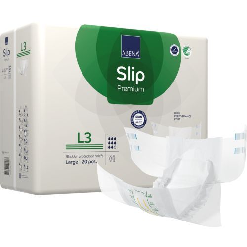 Abena Slip L3 Premium Green incontinence brief with 3400 ml capacity, size 100–150 cm, shown in the image.