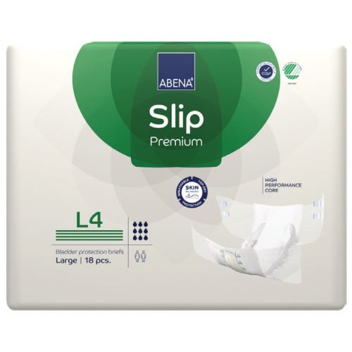 Abena Slip L4 Premium Green incontinence pad with 4000 ml capacity, designed for 100–150 cm waist size, shown in green and white.