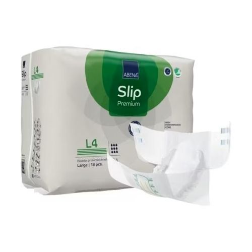Abena Slip L4 Premium Green incontinence pad with 4000ml capacity, displayed in size 100–150cm, showing its absorbent core and green color.