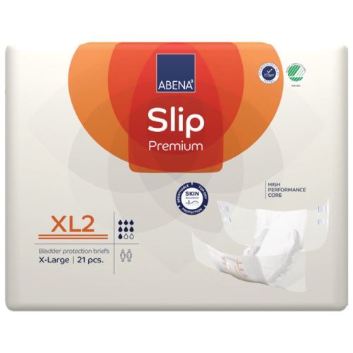 Absorbent Abena Slip XL2 Premium orange continence pad with 3400 ml capacity for waist sizes 110–170 cm, shown in the image.