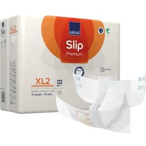 Abena Slip XL2 Premium Orange incontinence pad with 3400 ml capacity, designed for 110–170 cm waist size, shown in orange color.
