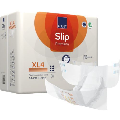 Absorbent Abena Slip XL4 in premium orange, showing its size and design for continence care, with 4000 ml capacity.