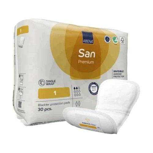 Abena SAN Premium incontinence pads for continence, showing soft, absorbent pads with discreet design from Abena.