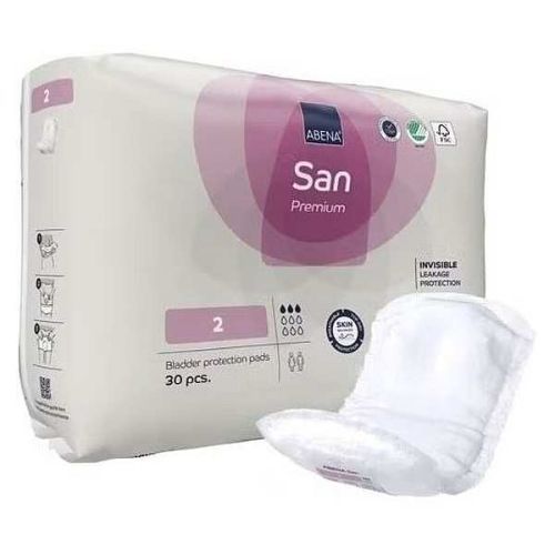 Abena SAN Premium incontinence pads for continence protection, shown in a box with individually wrapped pads.