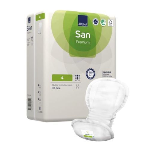 Abena SAN Premium incontinence pads for continence, showing absorbent core and soft outer layer in a close-up image.