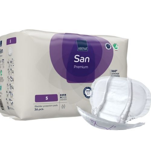 Abena SAN Premium incontinence pads for women, featuring discreet, absorbent continence protection, shown in a close-up image.