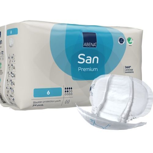 Abena SAN Premium incontinence pads for continence, showing soft, absorbent surface and discreet design.
