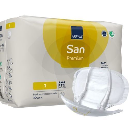 Abena SAN Premium incontinence pads for adults, showing the soft, absorbent, continence product with packaging.