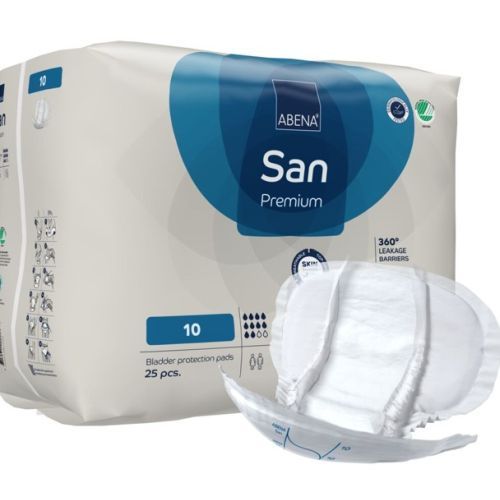 Abena SAN Premium incontinence pads for continence, showing absorbent core and soft exterior in a close-up image.