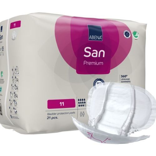 Abena SAN Premium incontinence pads in white, shown in a package, designed for discreet continence protection.