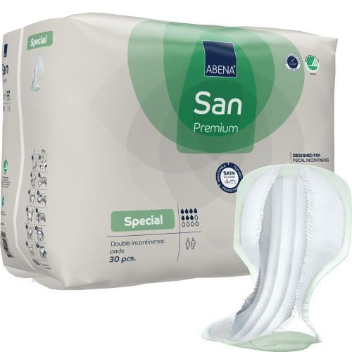Abena SAN Special Green continence product in 2000 ml size, featuring packaging with green design and product label.