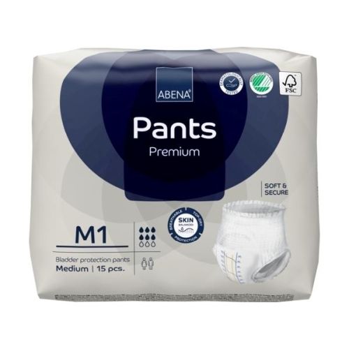 Blue Abena Pants M1 continence product with adjustable fit, designed for 80–110 cm waist, featuring 1400 ml absorption capacity.