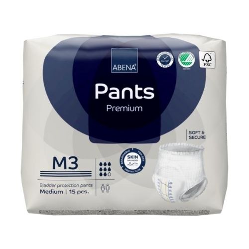 Abena Pants M3 in blue with 2400 ml capacity, designed for continence, shown in size 80–110 cm, displayed in a natural setting