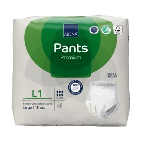 Abena Pants L1 Green continence product, 1400ml capacity, for waist 100–140cm, shown in the image.