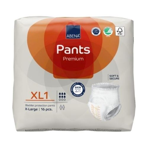 Abena Pants XL1 orange continence briefs in size 130–170 cm with 1400 ml absorption capacity, displayed in a product image.