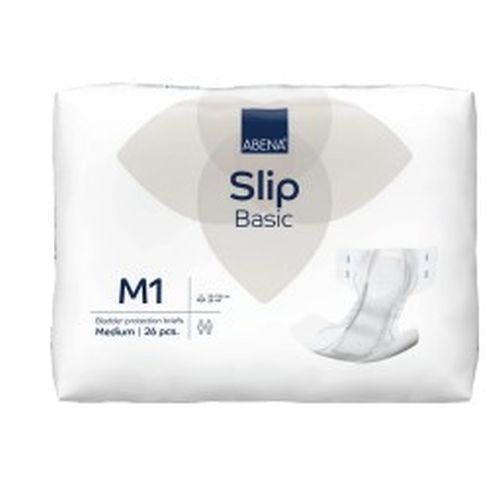Absorbent blue Abena Slip Basic M1 continence pad with 1800 ml capacity, designed for waist sizes 70-110 cm, shown in the image.